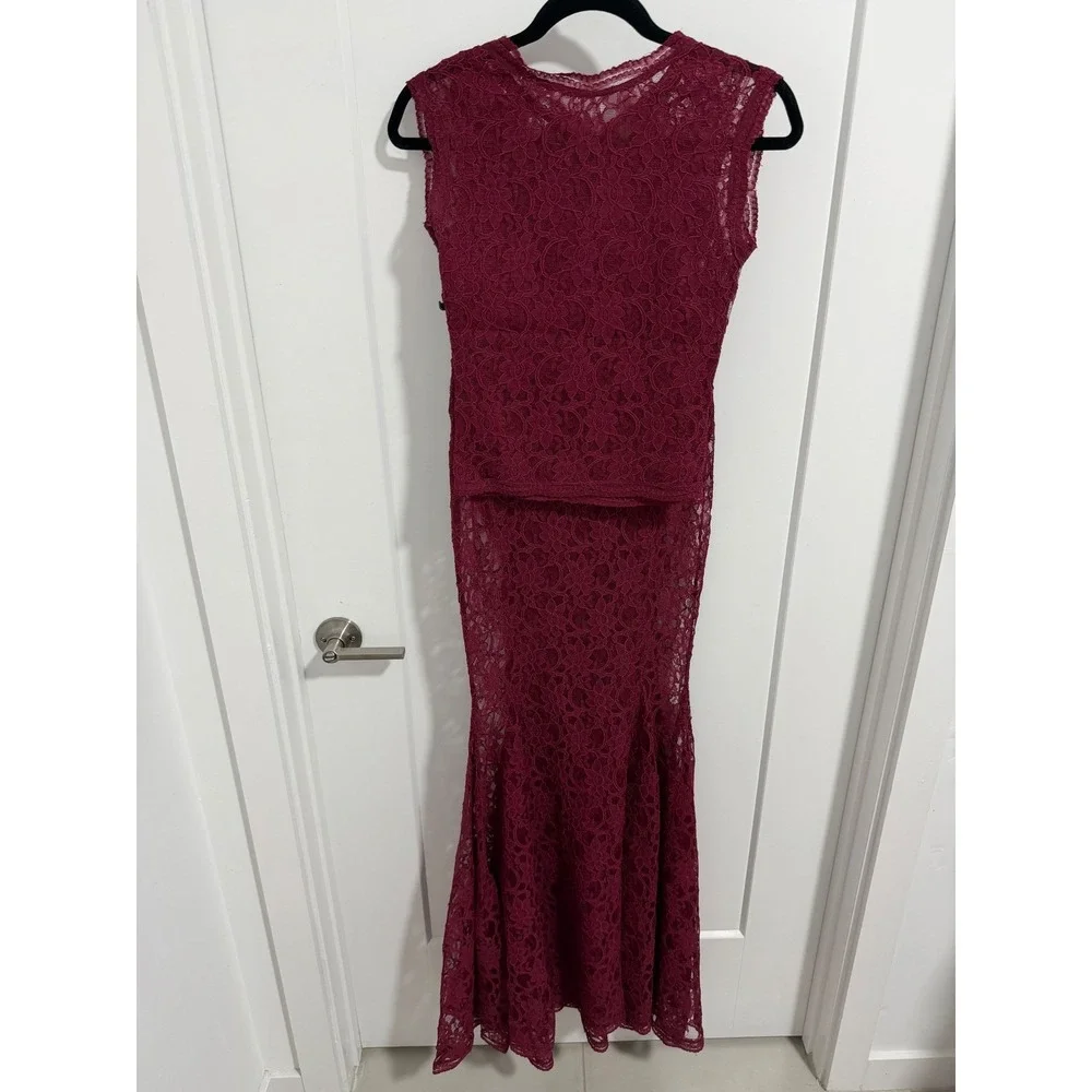 Anamaria Couture Burgundy Floral Lace 2 Piece Mermaid Maxi Skirt Set Size P S